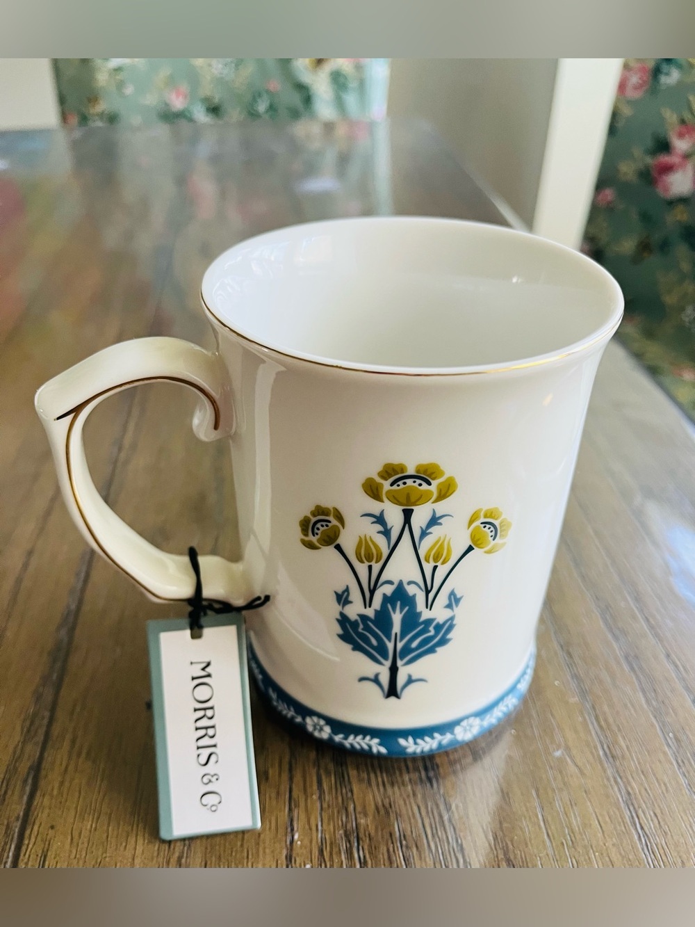 Morris & Co. Cream Mug with Blue and Yellow Floral Motif